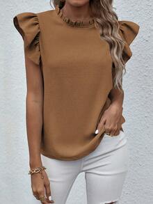 Breezaya Women's Summer Casual Minimalist Ruffle Collar Blouse - Brown - View 4