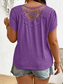 SHEIN Frenchy Plus Size Women's Summer Casual Vacation Style Solid Color V-Neck Patchwork Embroidery Mesh Petal Sleeve T-Shirt - Purple - View 3