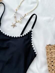 SHEIN Kids/Teen Girls' Black & White Contrast Color Shell Ruffle Bow Decor Casual One-Piece Swimsuit With Cover-Up Skirt, Vacation Beach Style - Black - View 7