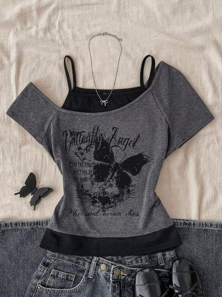 Teen Girl Casual Retro Print 2 In 1 Short Sleeve T-Shirt - Dark Grey - View 1
