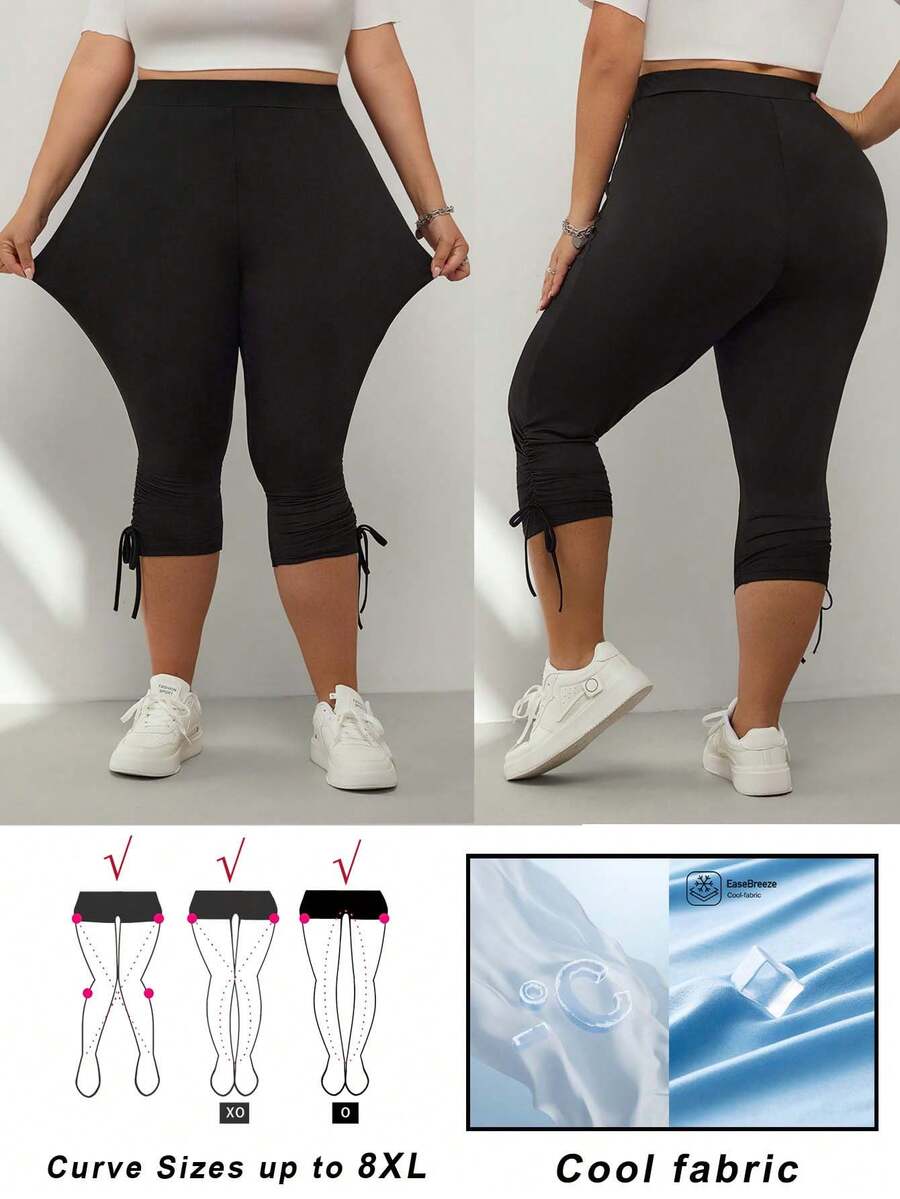 SHEIN CURVE+ Plus Size Women's Casual Black Cropped Leggings, Comfortable Stretchy Everyday Pants, Minimalist Style, Work Pants, Women's Bottoms, Outdoor Wear - Black - View 1