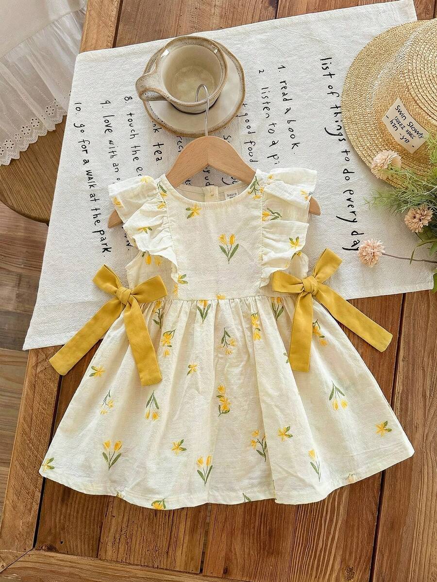 LMoss Kids 女婴编织花卉图案圆领荷叶边下摆休闲连衣裙 - 彩色 - 查看 1