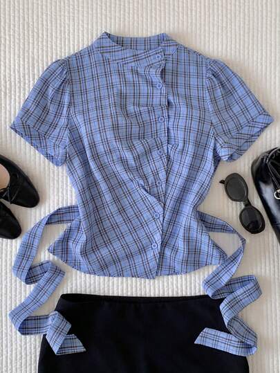 Comfortcana Spring/Summer New Women's Plaid Oversized Short Sleeve Cinched Waist Shirt, Suitable For Music Festivals, Baddie, Streetwear, Vintage, Y2K, Casual, And Campus Styles