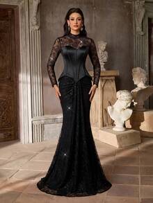 Glamrae Elegant Beaded Sequin Elastic Lace Embroidered Ruched Satin Sheer Sleeve Mermaid Dress,Luxurious Formal Gown For Weddings,Parties&Mother Of The Bride - Black - View 6