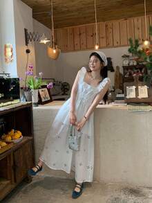 DAZY Women's Casual Ruffle Trim Long Slit Dress, Korean Style - White - View 2