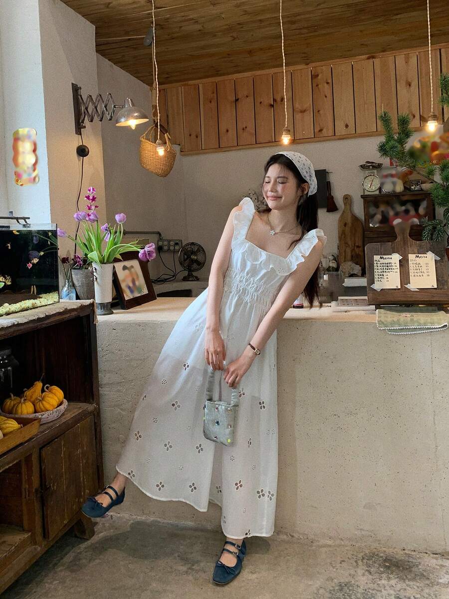 DAZY 女士休闲荷叶边长款开衩连衣裙，韩版 - 白色 - 查看 1