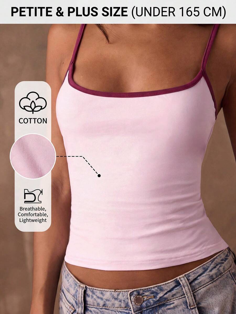 SHEIN PETITE CURVE 大码女式春夏撞色滚边修身露背休闲吊带背心/基础款/夏季/春假/海滩/外出/Y2K风格/粉色上衣 - 粉色 - 查看 1