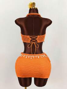 Amplova Rope, Starfish & Shell Pendant Decor Crop Top & Mini Skirt 2 Pieces Set,Vacation Outfits Women - Orange - View 2