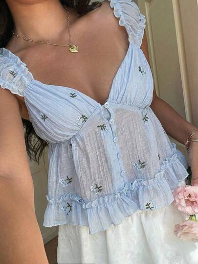 Sunnyshic Women's Sweet Cute Casual Vacation Daily Versatile Fashion Chiffon Embroidered Ruffle Splice Open Front Short Sleeve Pink Blouse, Spring/Summer