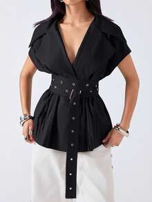 LYSMO 2026 New Minimalist Spring/Summer Women's Black Lapel Waist Hollow Button Design Casual Blazer - Black - View 4