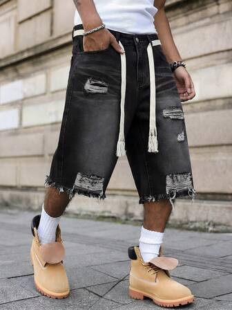 Nuovi pantaloncini di jeans casual larghi e consumati di peso elevato per uomo, adatti per l'estate