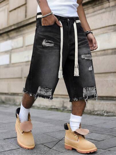 Nuovi pantaloncini di jeans casual larghi e consumati di peso elevato per uomo, adatti per l'estate