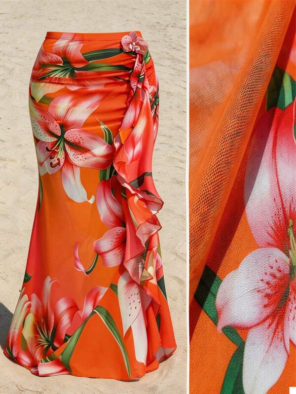 Sunnyshic Plus Size Floral Ruffle Hem Skirt, Vacation Beach Style, Spring/Summer