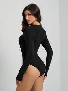 SHEIN Tall Solid Color Long Sleeve Slim Fit Black Bodysuit - Black - View 2