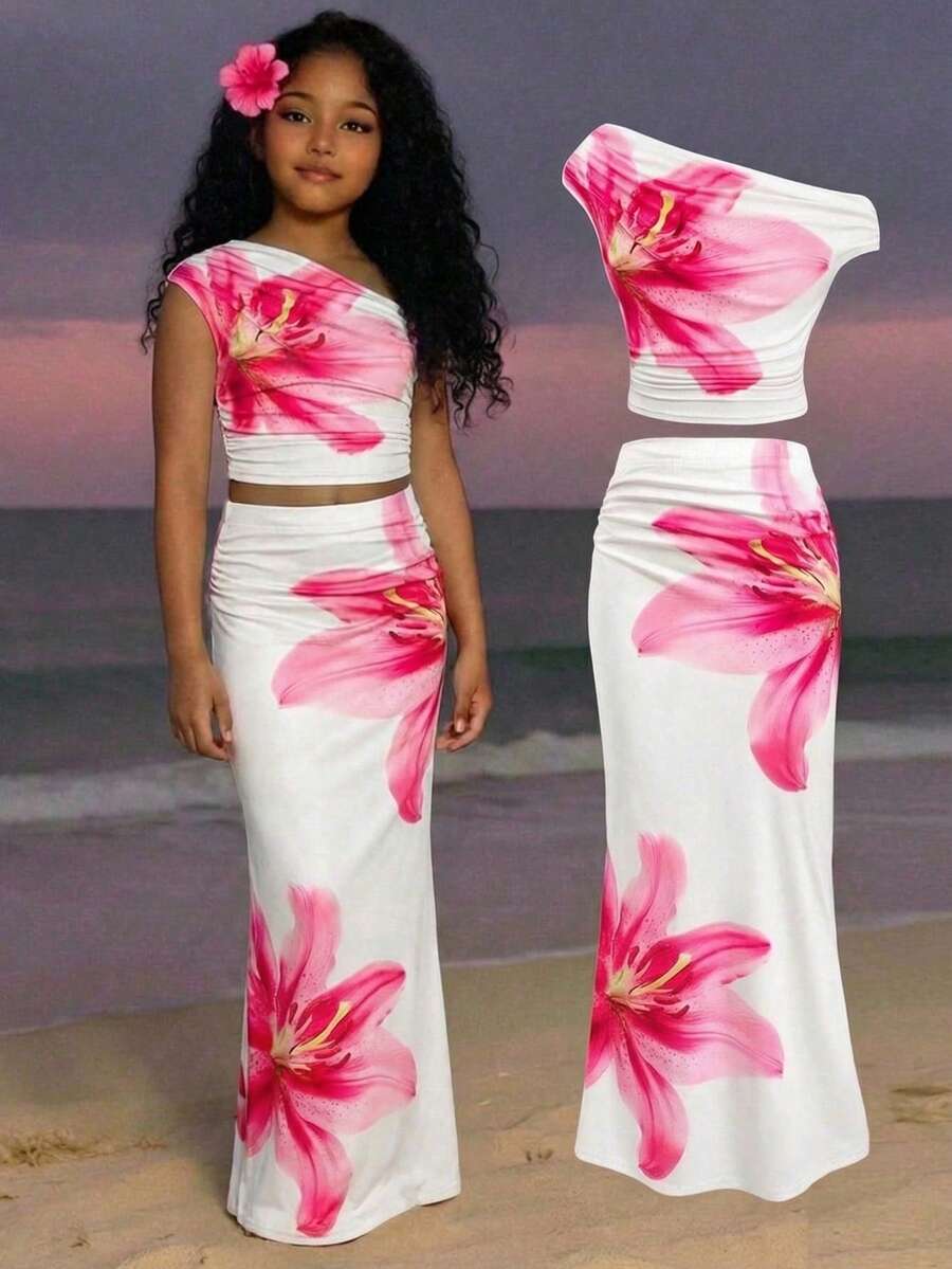 SHEIN 少女春夏休闲度假露肩百合花印花修身褶皱针织T恤和修身长裙套装，粉色 - 杏色 - 查看 1