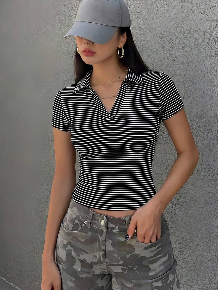 Women's Striped Fitted Polo Collar Casual Short Sleeve T-Shirt