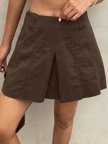 DAZY Chân váy ngắn xếp ly denim mùa hè dành cho nữ, kiểu dáng thường ngày. - màu nâu - Xem 3