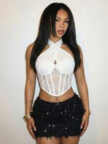 Slaydiva Nuevo top de verano de tirantes finos cruzados con encaje y ajuste de cintura para mujeres - A - Blanco - Ver 8