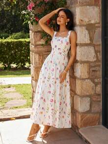 KARISMINA Lässiges, rückenfreies Sommerkleid mit Blumenmuster und Bindeband vorne – perfekt für Urlaub und Sommer. Auch als elegantes, romantisches Kleid für Hochzeitsgäste im Resort geeignet. Das gestufte Midikleid mit Blumenmuster und eckigem Ausschnitt ist ideal für Gartenpartys. Weißes Midikleid mit Blumenmuster und Bindeband am Rücken. Blumenmuster, Bindeband am Rücken, Sommer, Urlaub, Gartenparty - Weiss - Übersicht 5