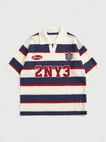 ROMWE MEN Men's Numeric Embroidery Striped Short Sleeve Knit Top - Multicolor - View 1