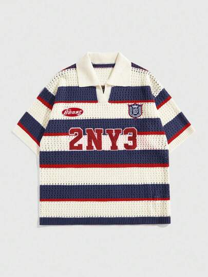 ROMWE MEN Men's Numeric Embroidery Striped Short Sleeve Knit Top