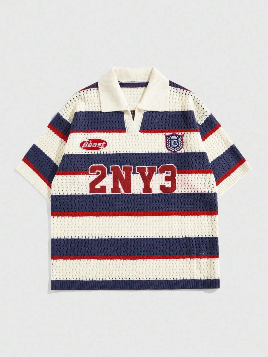 ROMWE MEN Men's Numeric Embroidery Striped Short Sleeve Knit Top - Multicolor - View 1