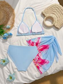 SHEIN 时尚可爱碎花比基尼泳衣套装，适合少女 - 淺藍色 - 查看 2