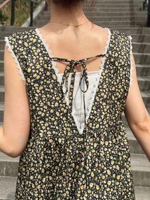 FRIFUL 女士深V领蕾丝边印花休闲简约派对外出连衣裙波西米亚风 - 綠色 - 查看 7