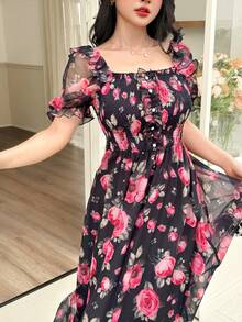 Modelyn Digital Print Square Neck Long Dress For Women - Multicolor - View 2