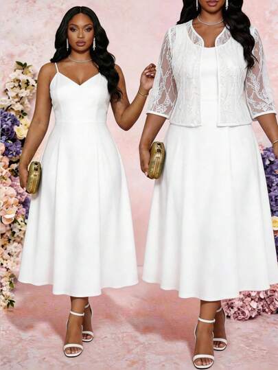 SHEIN Lady Bộ đồ 2 món thanh lịch dành cho nữ cỡ lớn: Áo kiểu ren phía trước và váy không tay.