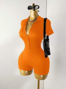 Mistrie 女士休闲纯色纽扣装饰短袖连体裤 - 橘色 - 查看 3