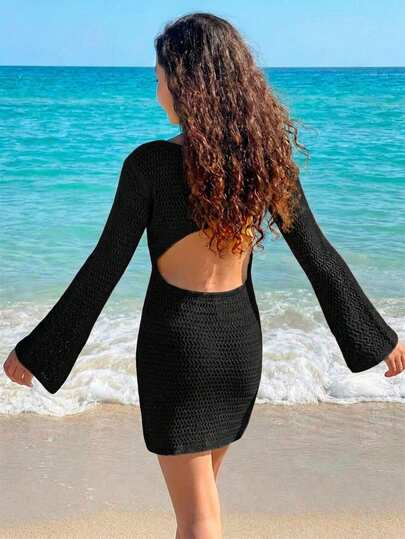 Tween Girls Cover Ups Apricot Off-Shoulder Flare Sleeve Hollow Out Beach Vacation Dress