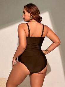 Swim Chiccia Plus Size Women's 2pcs Black Crochet Patchwork Crop Top & High Waist Triangle Bottoms Bikini Set,Gold Summer Classy Elegant Beach Minimalist Vacation - Coffee Brown - View 2