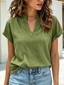 EMERY ROSE Áo thun nữ tay ngắn cổ chữ V màu trơn, kiểu dáng thường ngày, đa năng. - xanh quân đội - Xem 3