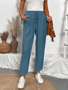 EMERY ROSE Quần Jogger thông thường có dây rút màu trơn - Màu xanh bụi bặm - Xem 5