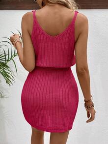 SHEIN Fashionable Versatile Hollow Crochet V-Neck Women Sweater Dress - Hot Pink - View 2