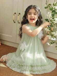 SHEIN Glamorique Kids 小女孩绿色无袖碎花连衣裙，甜美可爱，优雅迷人 - 綠色 - 查看 1