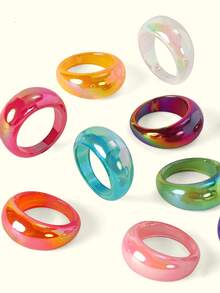 Popjeli 10 Piezas/set Anillos Grandes Y De Forma Redonda De Resina Geométrica Con Estilo Para Accesorios De Fiesta De Mujer - Multicolor - Ver 8