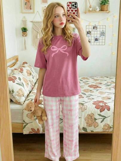 SHEIN Teen Girls Pajamas Set, Casual Loose Plaid Bow Pattern Round Neck Short Sleeve Top And Long Pants Homewear, Suitable For Spring And Summer