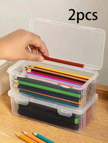 2 cajas de almacenamiento grandes y transparentes de PP con tapas, superficie sin terminar ligera para suministros de oficina/escuela, bolígrafos, lápices, marcadores, manualidades, almacenamiento de escritorio, maquillaje, joyería, adecuado para niñas, estilo minimalista, portátil, color aleatorio (solo la caja, sin el lápiz). - transparente - Ver 11
