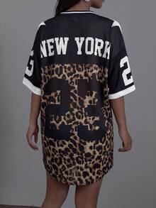 SHEIN EZwear Đầm dệt kim tay dài cổ chữ V dáng rộng, họa tiết da báo, thích hợp cho các lễ hội âm nhạc mùa hè, cỡ lớn. - Nhiều màu - Xem 2