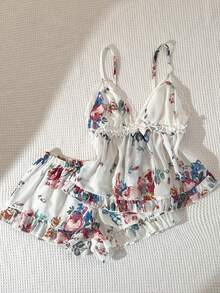 Elamini Conjunto de 2 piezas de mujer para el verano con camiseta de gasa con estampado digital, adorno de lazo y encaje, y shorts con volantes en el bajo - Multicolor - View 5