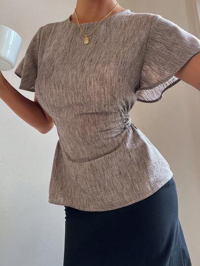 Livesso Brown Waist Cinched Casual Office Wear, Street Style, Suitable For Valentine's Day, Wedding, Women's Shirt, Spring & Summer