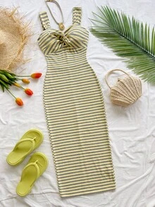 Soleia 女士条纹前系带休闲开衩连衣裙，简约风格，度假必备 - 彩色 - 查看 4