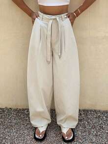 DAZY Women's Loose Solid Color Palazzo Pants With Waist Belt, Casual Summer Vacation - Grey - View 6