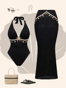 Swim Oasis Women's Summer Textured Solid Color Fabric Random Shell & Starfish Decor One-Piece Swimsuit With Skirt 2-Piece Set - Black - View 2