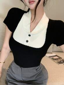 DAZY Color Block Short Sleeve Casual Vacation Lightweight Knit Sweater Top For Women, Summer - Black - View 1