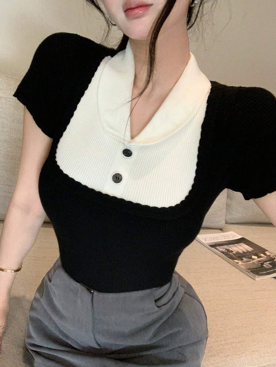 DAZY Color Block Short Sleeve Casual Vacation Lightweight Knit Sweater Top For Women, Summer - Black - View 1
