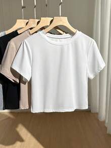 Comfortcana Plus Size Minimalist Fitted T-Shirt, Multicolored Set, Basic Short Sleeve Top Cropped T Shirts,Business Casual Woman - Multicolor - View 6
