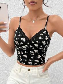 SHEIN EZwear Summer Going Out Black Floral Print Lace Trim Sexy Cami Top - Black - View 5